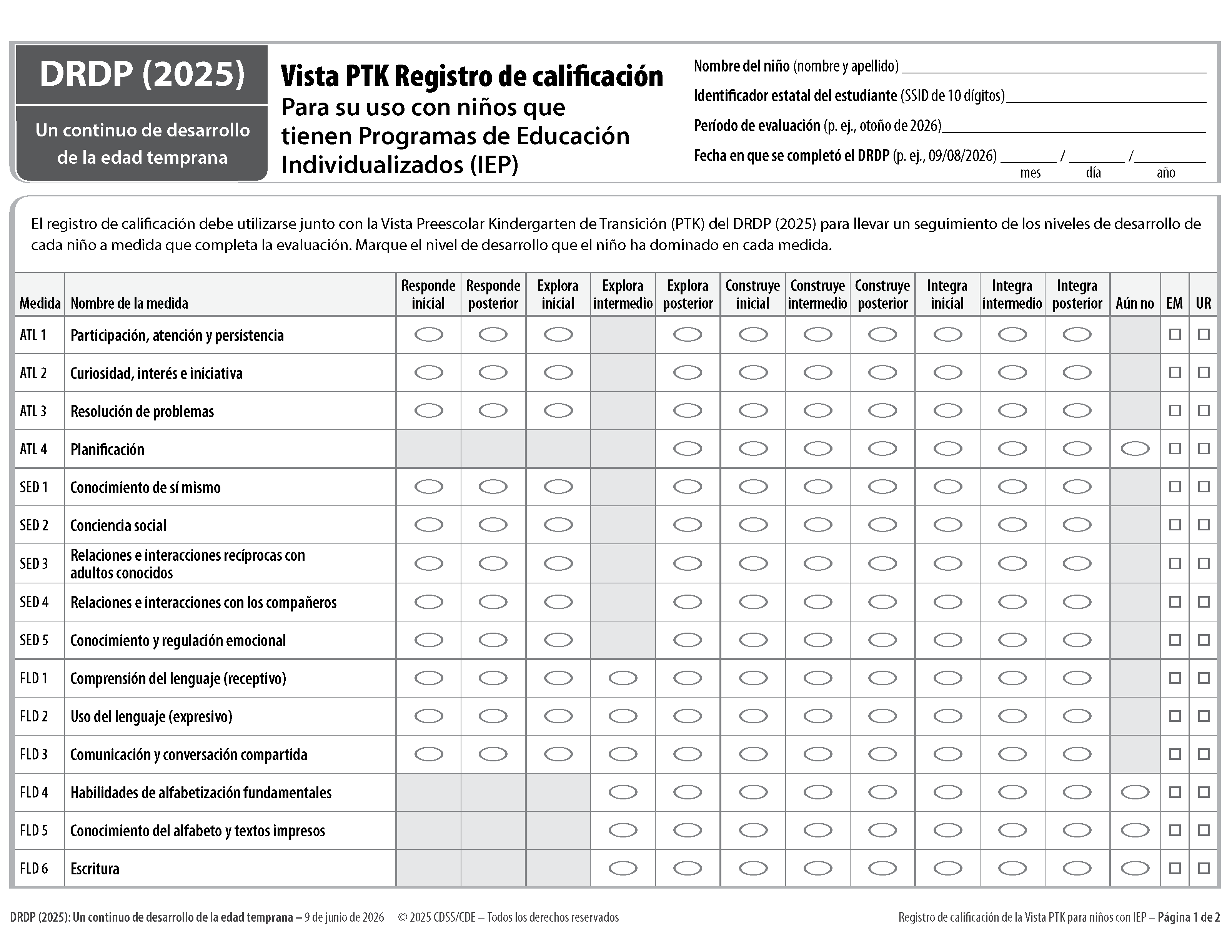 Vista PTK Registro de califcación Para su uso con niños que tienen Programas de Educación Individualizados (IEP)
