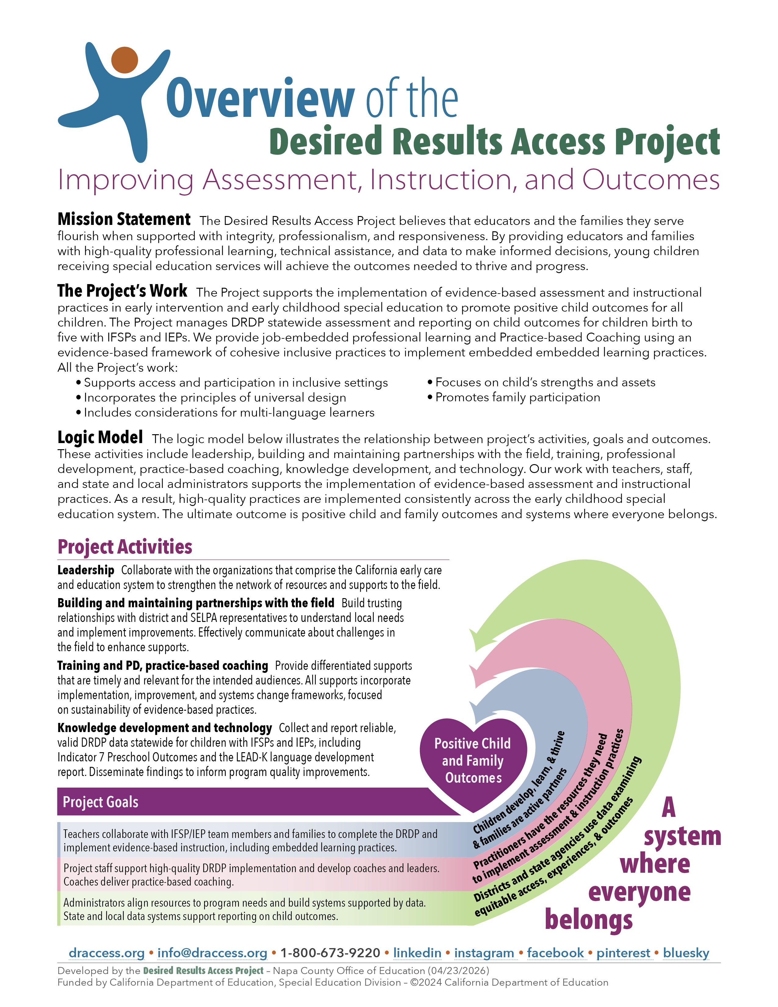 A system where everyone belongs, Project goals to Positive Child and Family Outcomes